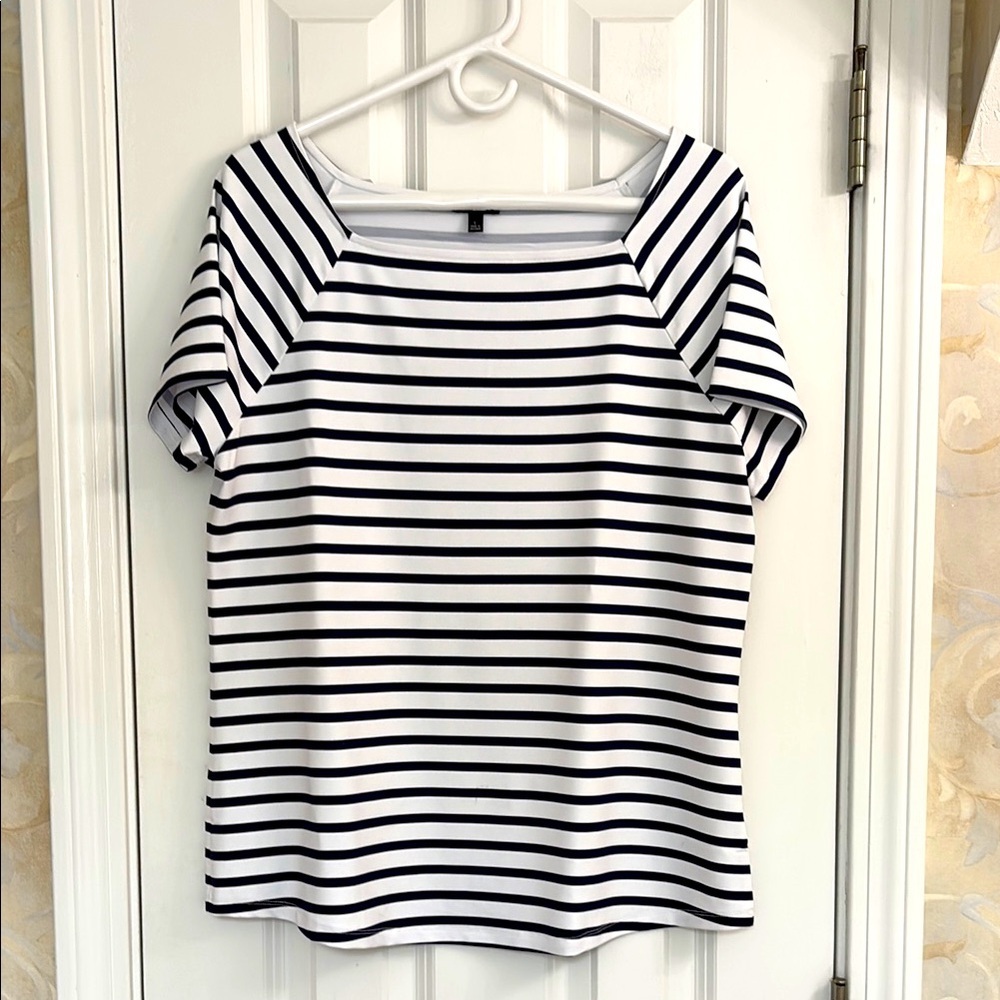 Talbots Striped Navy and White Double Knit Top with Square-neck.Size L. EUC